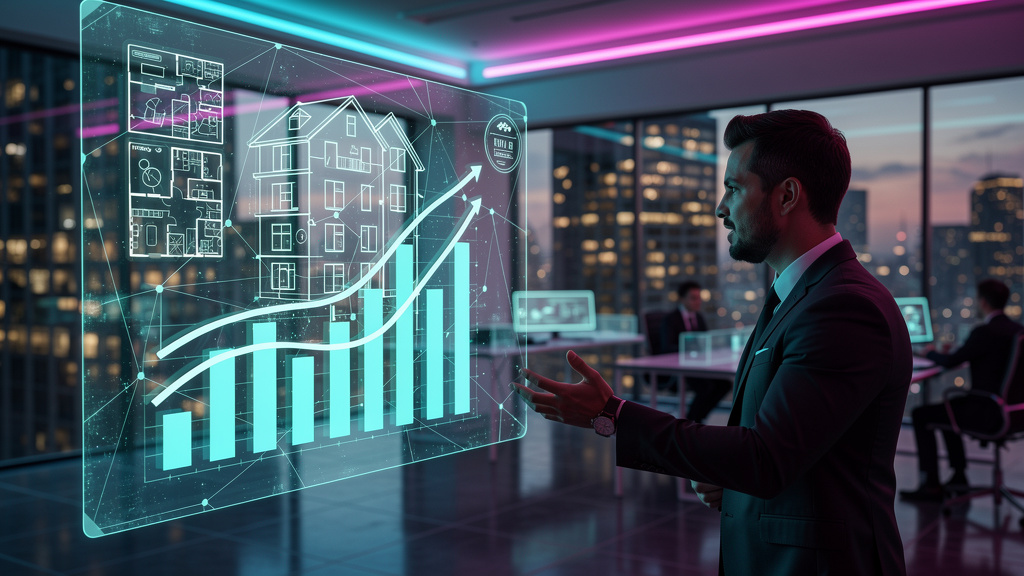 Imobiliárias e a IA: Como Dominar o ChatGPT e Outras Plataformas — Um corretor de imóveis, vestindo um terno moderno, gesticula enquanto explica dados do mercado imobiliário em uma tela holográfica. A