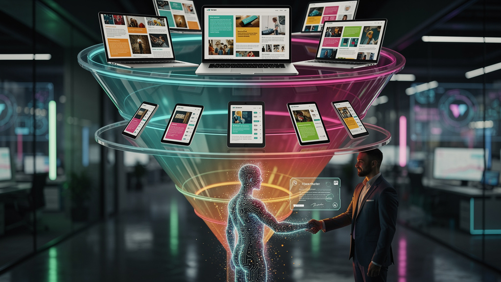 Inbound Marketing Automatizado: A IA como Motor de Crescimento — Diagrama de um funil de marketing visualmente atraente, com a Toolzz AI impulsionando cada etapa. No topo do funil, posts de blog sendo