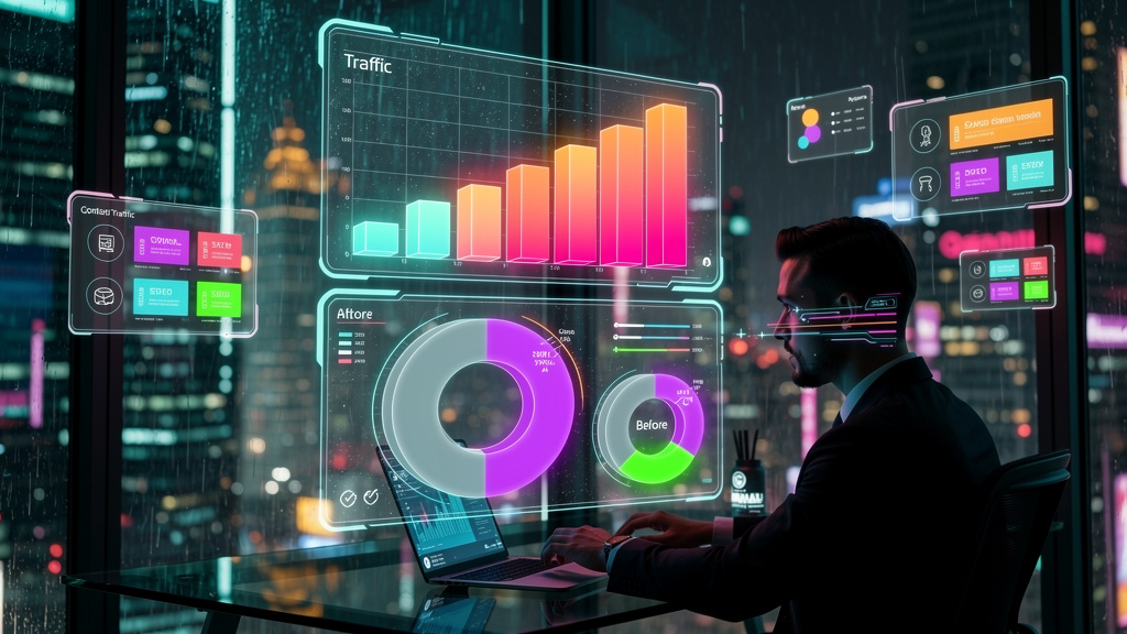 Inbound Marketing Automatizado: Domine o Google com IA — Infográfico em duas partes (superior e inferior para carrossel). Parte superior: Gráfico de barras mostrando o aumento do tráfego orgânico ao l