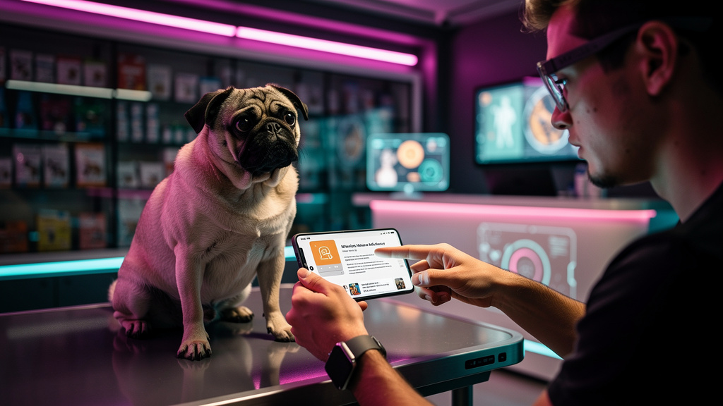 Inbound Marketing Automatizado para Pet Shops: Domine o Google com IA — Um cachorro da raça Pug olhando para um celular com uma expressão confusa, enquanto o dono tenta mostrar os resultados de pesqui