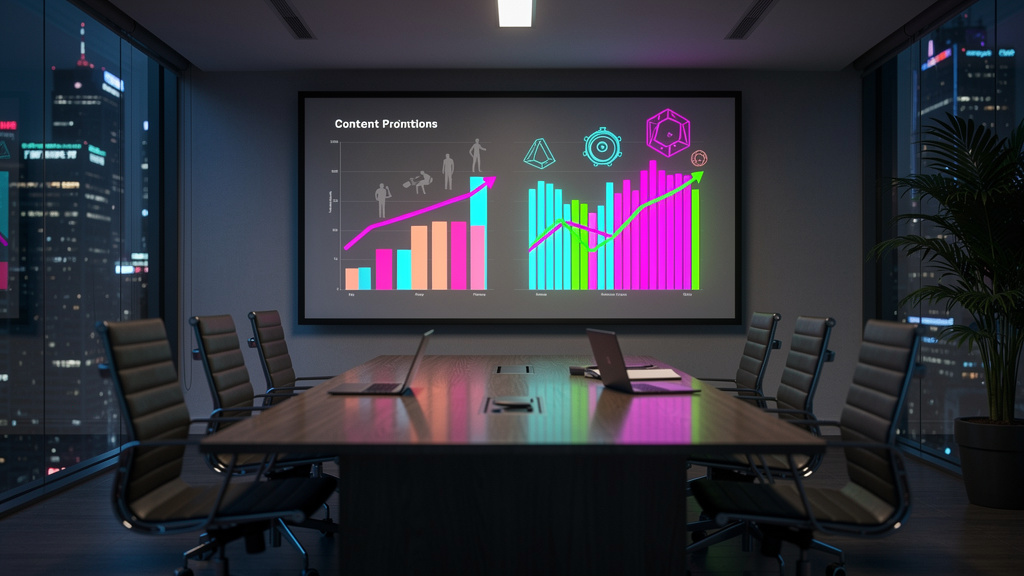 Inbound Marketing no Piloto Automático: Franquias Escalando Conteúdo com IA — Uma sala de reunião em uma franquia, com cadeiras vazias e uma lousa digital mostrando um gráfico de produção de conteúdo.