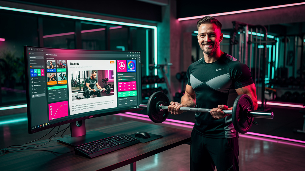 Inbound Marketing para Academias e Personal Trainers com IA — Um monitor exibindo a interface da Toolzz AI, mostrando a criação automatizada de um post de blog sobre '5 dicas para iniciantes na muscul