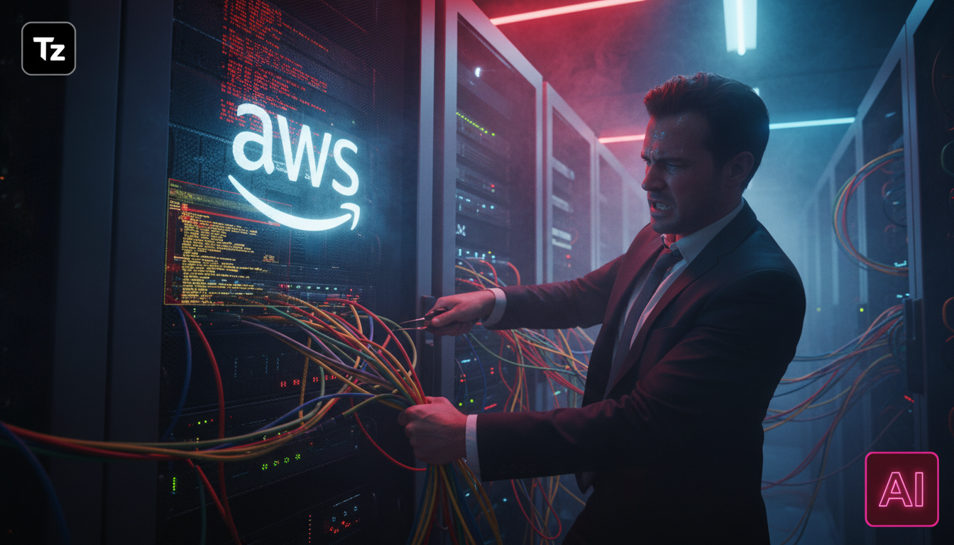 Incidentes com IA na AWS: Lições para sua Estratégia — Um executivo de TI, suando e visivelmente estressado, tentando desesperadamente desligar um servidor AWS com cabos emaranhados. A tela do servido