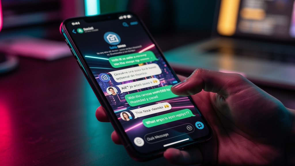 Influencer AI: Automatize a Gestão de Redes Sociais — Close-up de um smartphone mostrando uma conversa em tempo real entre um cliente e um chatbot com o avatar da Toolzz em uma rede social. O chatbot
