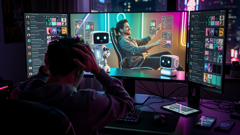 Influencer AI: Automatize a Gestão de Redes Sociais — Uma pessoa sobrecarregada sentada em frente a um computador com várias telas mostrando diferentes feeds de mídia social. A pessoa está com as mãos