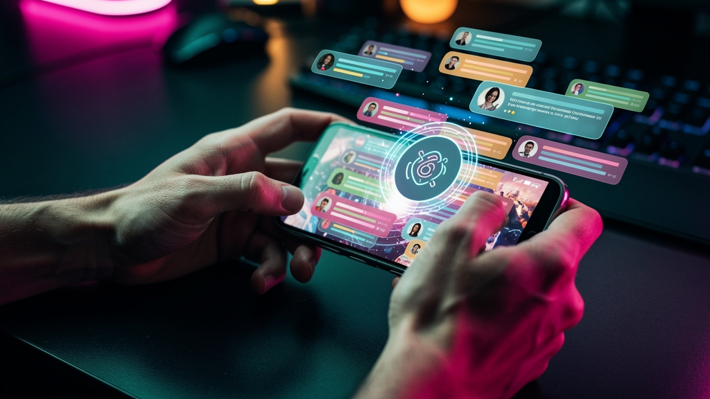 Influencer AI: Automatize e Maximize sua Presença Online — Close-up das mãos de uma pessoa digitando rapidamente em um smartphone. A tela do telefone mostra uma avalanche de notificações de redes soci