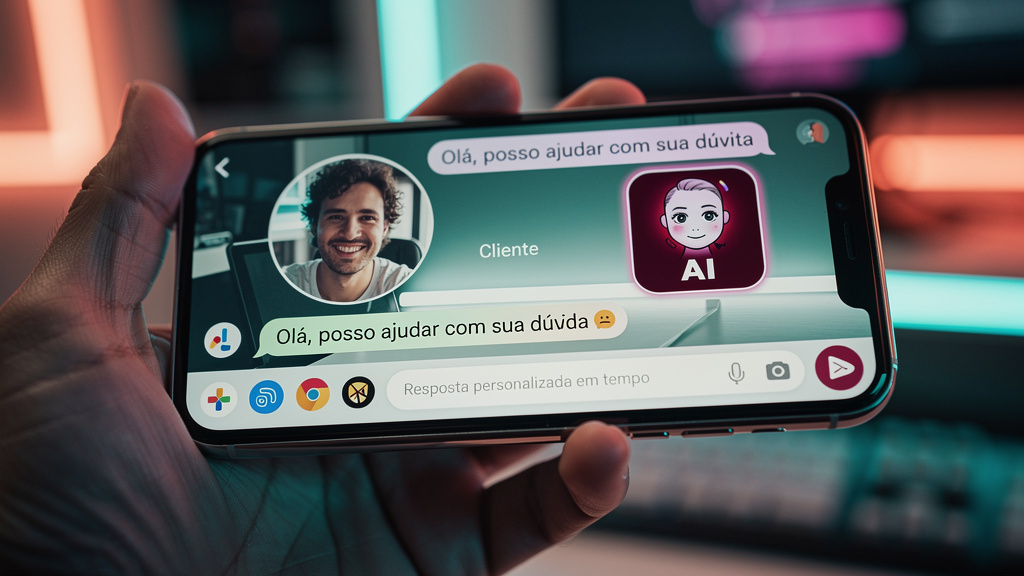 Influencer AI: Automatize o Atendimento e Engajamento 24/7 — Close-up de uma tela de smartphone mostrando uma conversa em tempo real. De um lado, a foto de perfil de um cliente com uma dúvida. Do outr