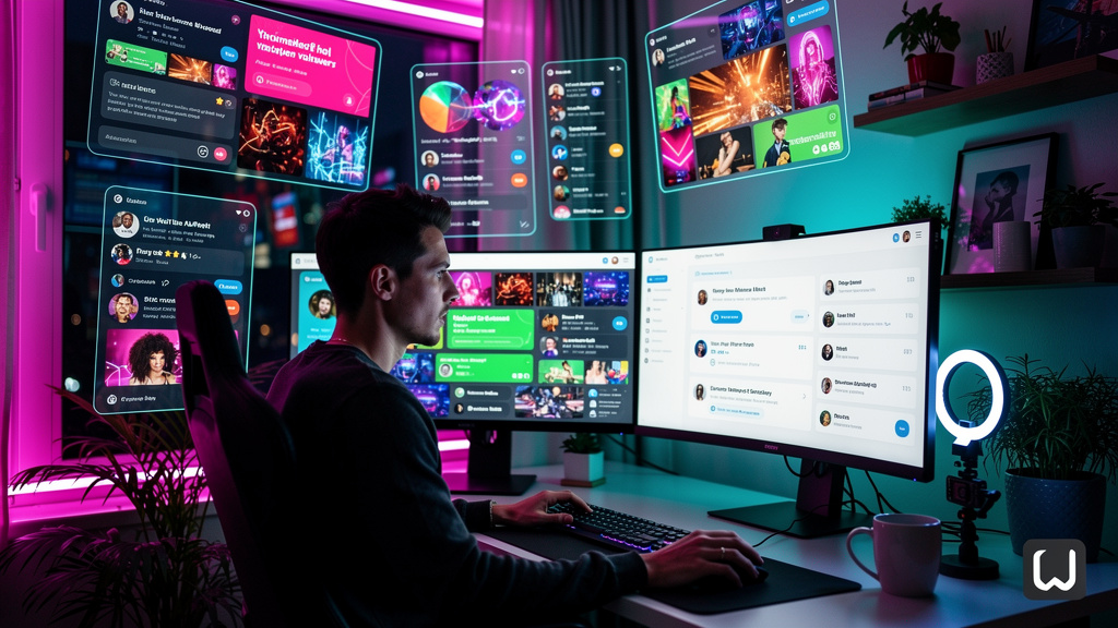 Influencer AI: Automatize sua Presença Digital — Um influenciador digital trabalhando em casa, cercado por telas mostrando feeds de redes sociais caóticos e notificações intermináveis. Uma tela se des