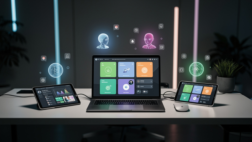 Influencer AI: Automatize sua Presença Digital — Uma mesa de escritório moderna e minimalista. Em vez de pilhas de papéis, há vários dispositivos: um laptop, um tablet e um smartphone. Cada tela exibe