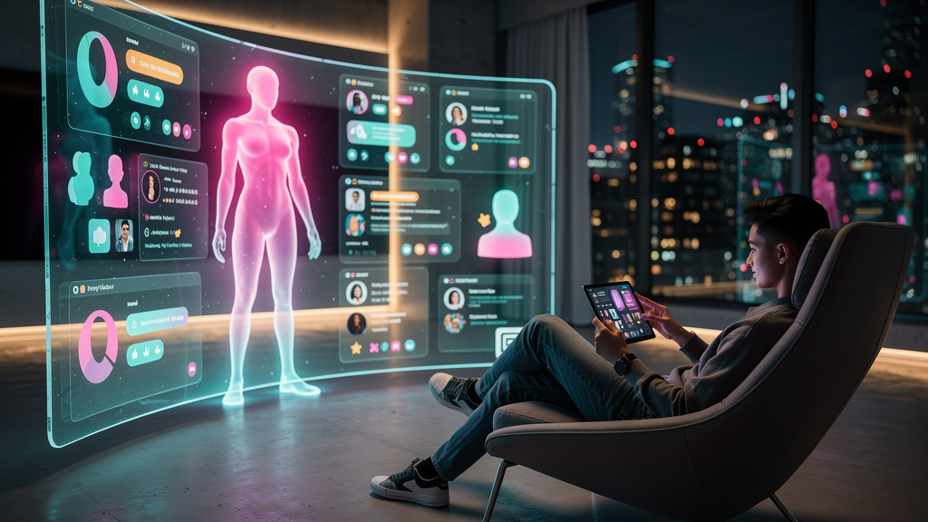 Influencer AI: Automatize sua Presença em Redes Sociais — Uma pessoa (influenciador digital) está relaxada em uma cadeira confortável, criando conteúdo em um tablet, enquanto um assistente virtual com