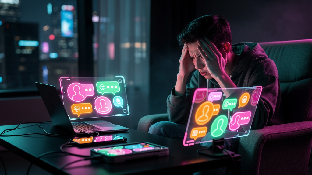 Influencer AI da Toolzz: Responda DMs e Comentários 24h — Uma pessoa sentada em uma cadeira confortável, com vários dispositivos (laptop, tablet, smartphone) ao seu redor, todos mostrando notificações