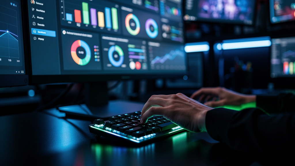 Influencer AI: Gerencie Redes Sociais 24/7 — Close-up das mãos de um profissional de marketing sobre um teclado, com a tela do computador mostrando um dashboard da Toolzz AI. O dashboard exibe métrica