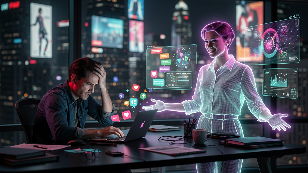Influencer AI: Otimize sua Presença Digital 24h — Um profissional de marketing digital, visivelmente sobrecarregado, tentando responder a múltiplas notificações de redes sociais em seu laptop. Ao lado