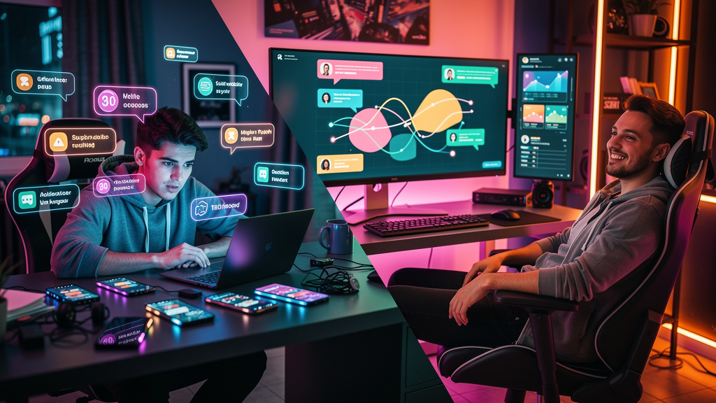 Influencer AI: Responda DMs, Comentários e Menções 24h — Uma tela dividida mostrando dois cenários: à esquerda, um influenciador exausto, cercado por pilhas de notificações de redes sociais, com expre