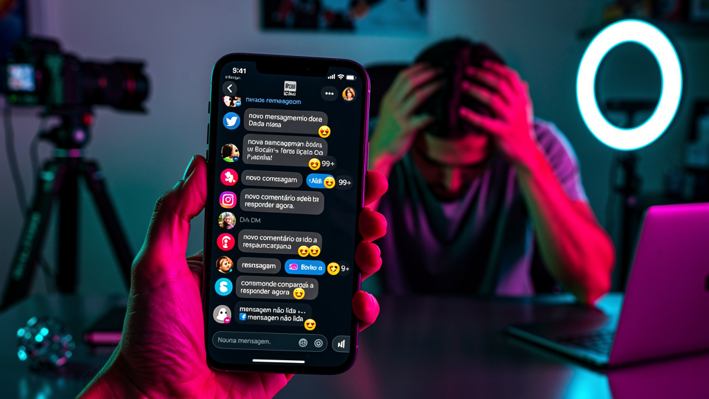 Influencer AI Toolzz: Responda DMs e Comentários 24h Automaticamente — Close-up de um smartphone mostrando uma enxurrada de DMs e comentários em diferentes plataformas sociais. Ao fundo, desfocado, um