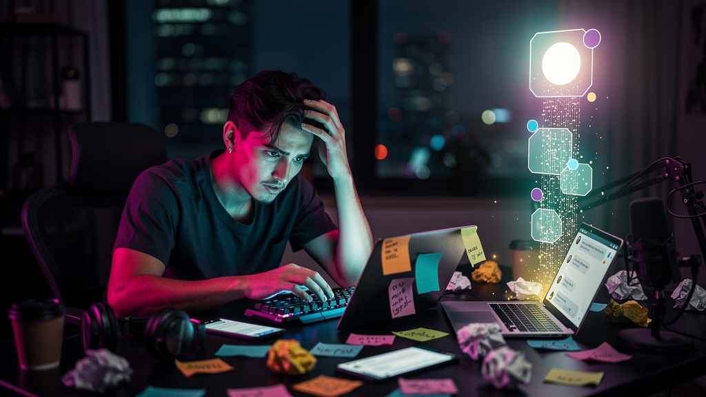 Influencer AI Toolzz: Responda DMs e Comentários 24h — Um influenciador, cercado por vários dispositivos (smartphone, tablet, laptop), parece sobrecarregado enquanto tenta responder a uma avalanche de