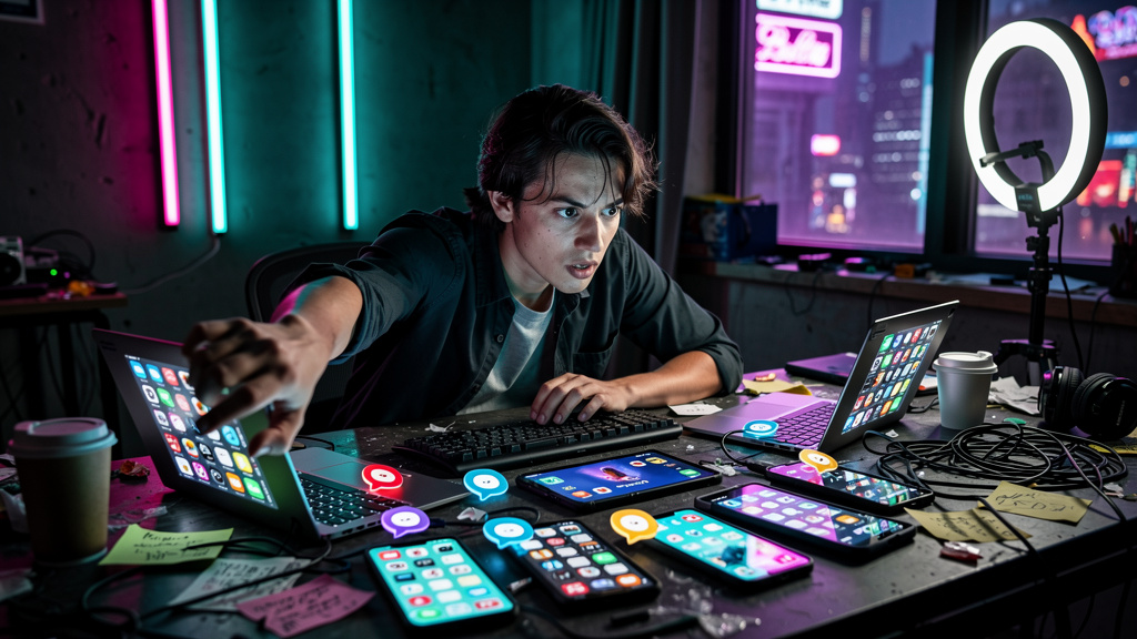 Influencer AI Toolzz: Responda DMs e Comentários 24h com Inteligência Artificial — Uma pessoa visivelmente sobrecarregada, cercada por notificações de redes sociais em um escritório bagunçado. A expre