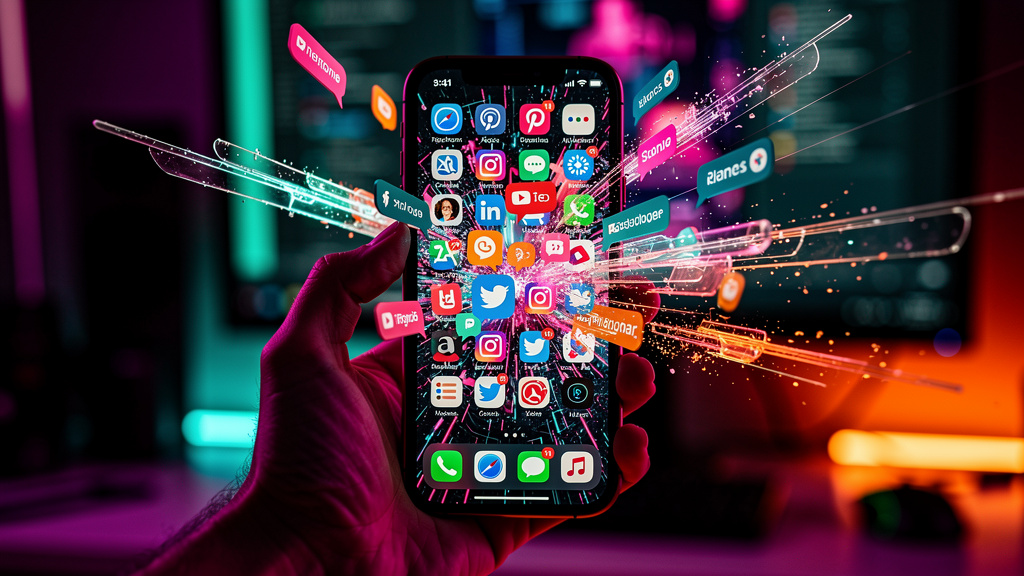 Influencer AI Toolzz: Responda DMs e Comentários 24h por Dia — Close-up de um smartphone mostrando uma tela cheia de notificações de diversas redes sociais (Instagram, TikTok, Youtube) com balões de m