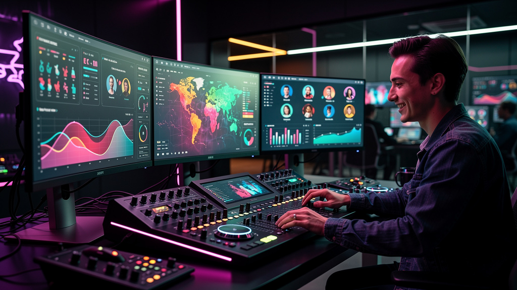 Influencer AI vs Marketing Digital: qual vale mais a pena em 2026? — Uma sala de controle moderna e elegante, com diversos monitores exibindo dados de marketing de influência em tempo real. Um operado