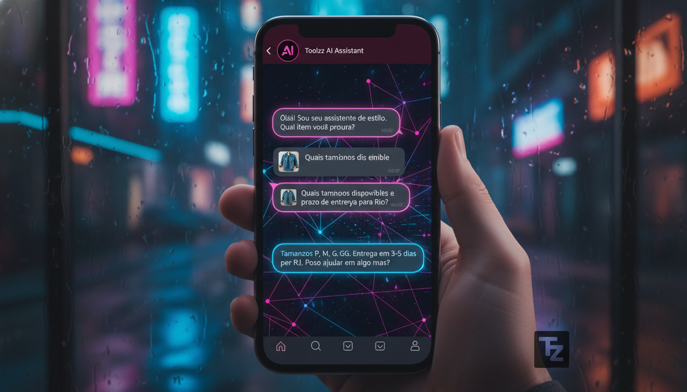 Inovação em Agentes de IA: 7 casos inspiradores — Close-up em um smartphone mostrando uma conversa no WhatsApp com um chatbot da Toolzz respondendo a perguntas sobre tamanhos de roupas e prazos de ent