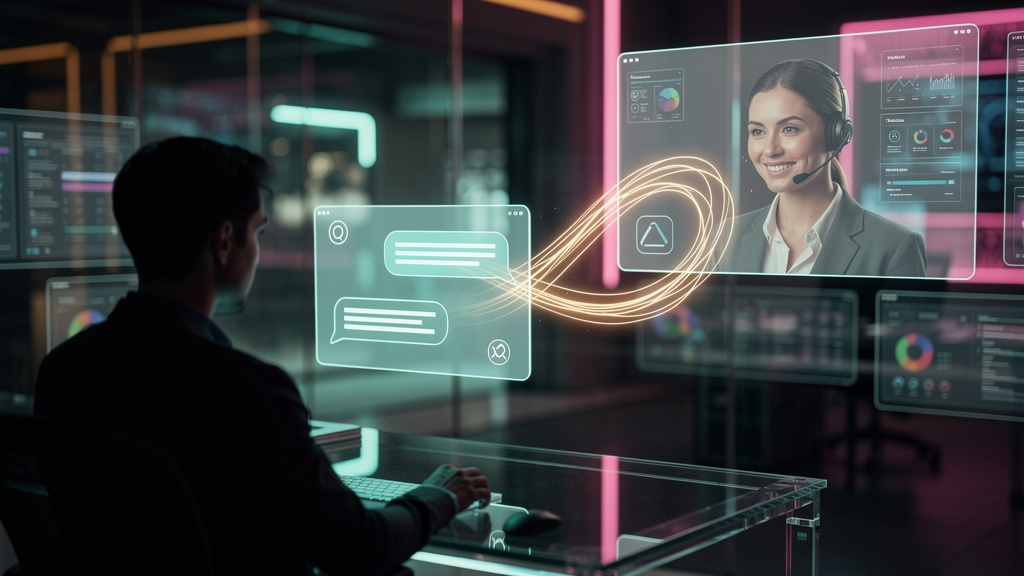 Inovação em Atendimento Híbrido: 7 Casos Inspiradores — Um diagrama de fluxo que mostra a transição suave de um cliente interagindo com um chatbot (ilustrado como uma interface limpa e minimalista) pa