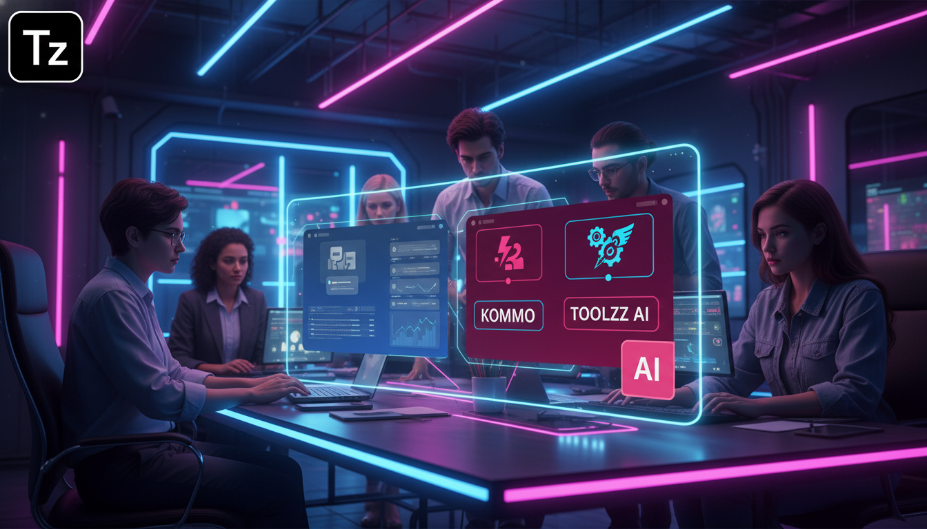 Inovação em IA: 7 casos inspiradores — Um escritório moderno e iluminado com pessoas colaborando em frente a telas que exibem painéis de controle de redes sociais e fluxos de automação. No primeiro pl