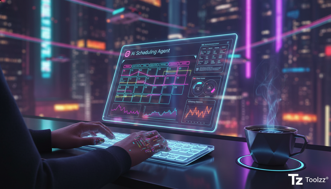 Inovação em Instagram: 7 casos inspiradores — Uma tela de tablet exibindo o painel de controle do Agente AI de Agendamento da Toolzz. Em primeiro plano, um elegante calendário digital com horários mar