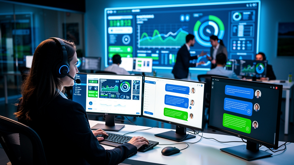 Inovação em LLMs: 7 Casos Inspiradores — Um call center moderno e movimentado, com atendentes usando headsets e trabalhando em computadores. Uma tela grande exibe um painel de controle com métricas de