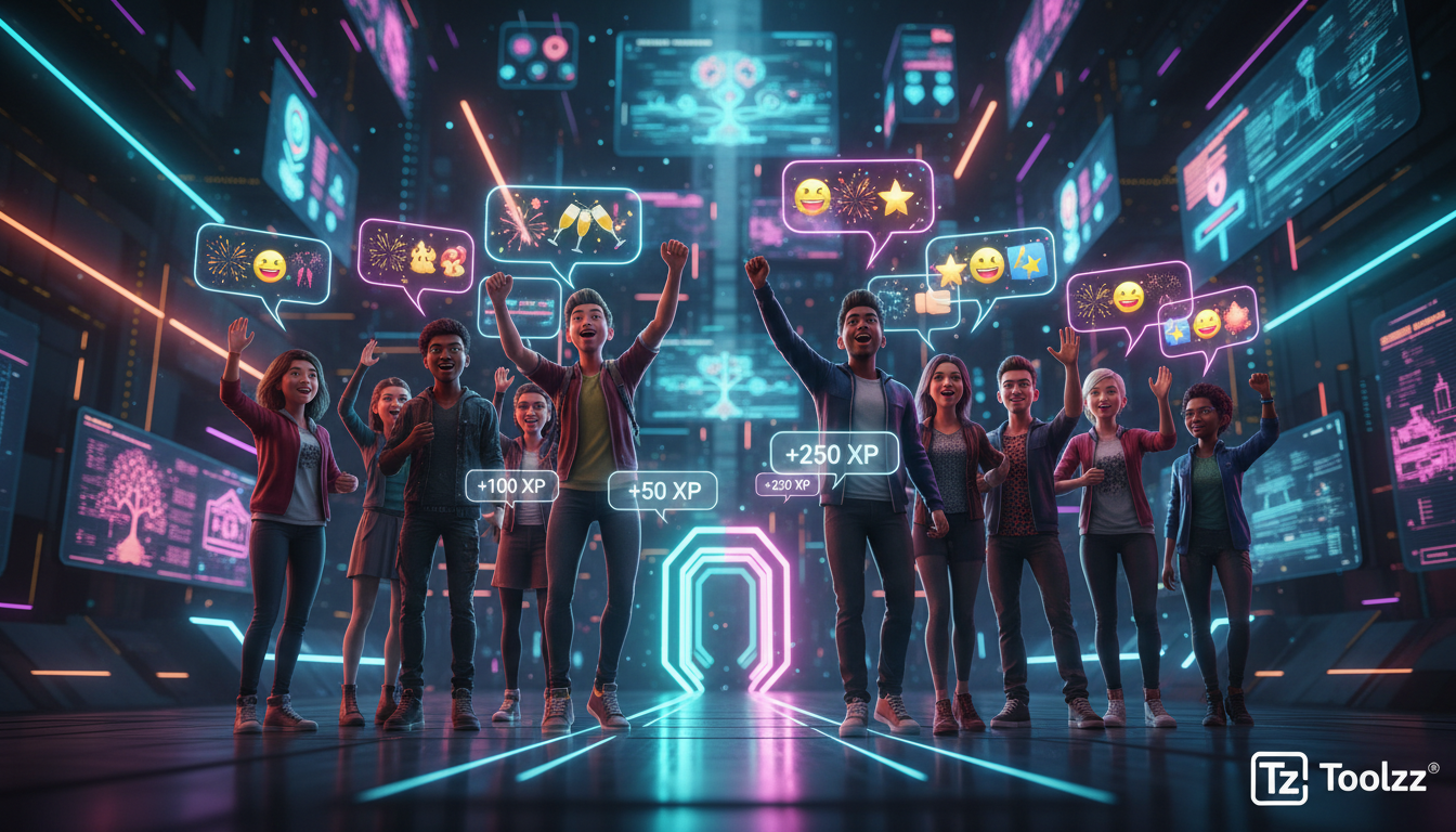 Inovação em XP no LXP: 5 Casos Inspiradores — Ilustração de um grupo diversificado de avatares de estudantes em um ambiente virtual de aprendizado, cada um reagindo positivamente ao receber pontos de 