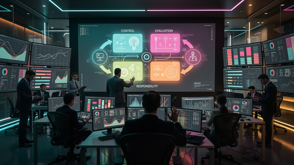 Inovação Empresarial: Como Lidar com o Fracasso e Aprender com Ele — Ilustração isométrica de uma sala de controle corporativa. Vários funcionários analisando dados em telas grandes. Uma tela central 
