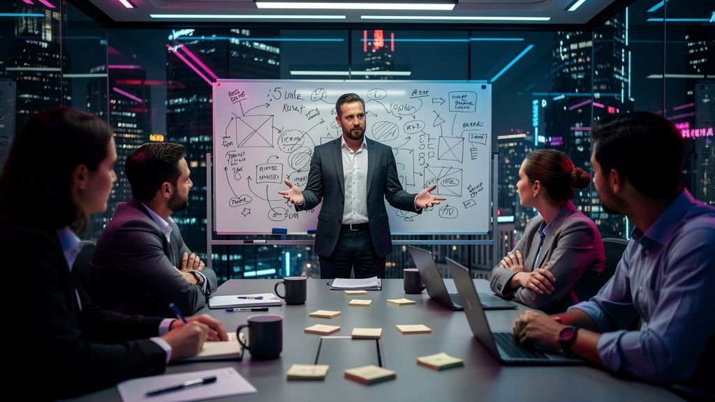 Inovação Falha? 4 Passos para Recuperar o Controle — Um líder de equipe em frente a um quadro branco rabiscado com diagramas complexos e anotações. Ele gesticula com confiança enquanto se dirige a sua