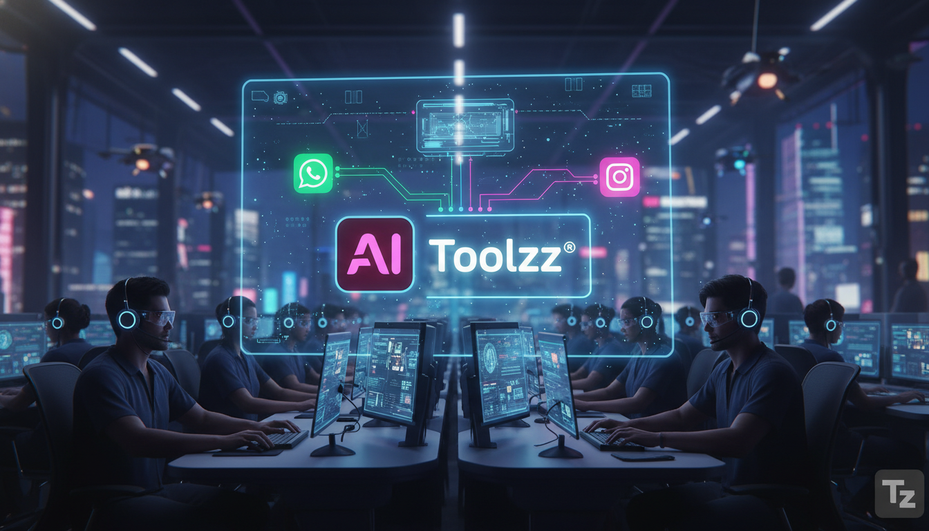 Inovações em Agentes IA que mudarão o Atendimento — Um call center movimentado com vários atendentes trabalhando em seus computadores. Em um grande monitor no centro da sala, um diagrama mostra o flux