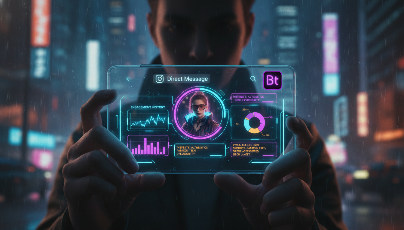 Inovações em Chatbots Instagram que mudarão o Marketing em 2026 — Um agente SDR de IA, visualizado como uma interface futurista integrada ao Instagram Direct, analisando rapidamente o perfil de um lea