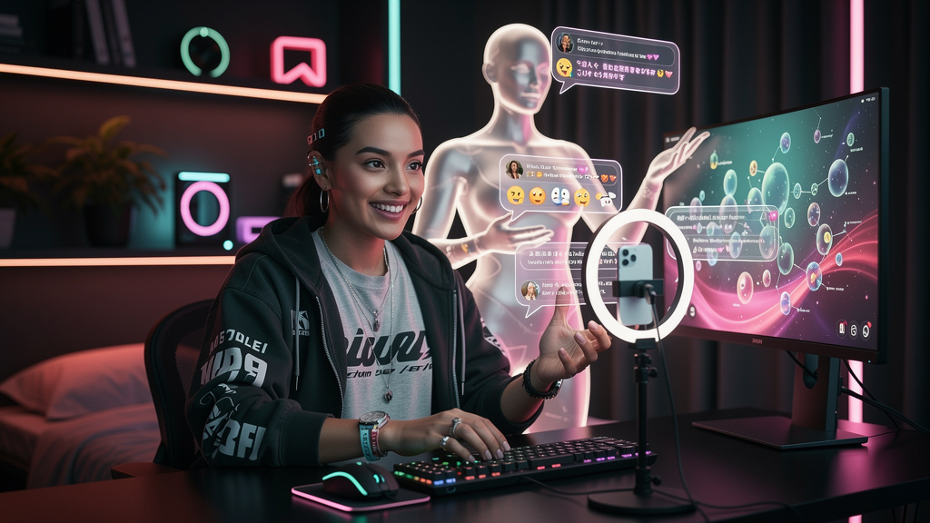 Inovações em IA que mudarão o Marketing no Instagram em 2026 — Um influenciador virtual, com traços faciais hiper-realistas e um estilo moderno, interagindo em tempo real com seus seguidores durante u