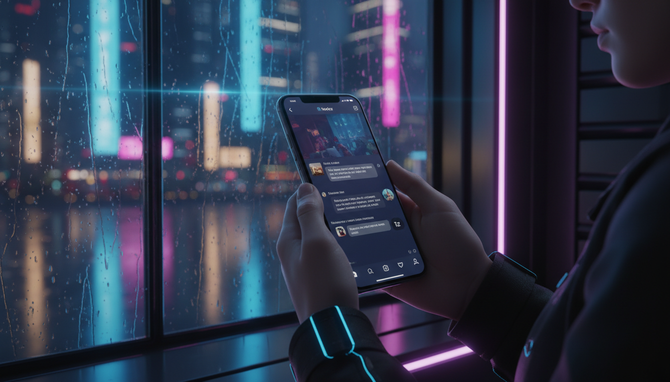 Inovações em IA que mudarão o Turismo em 2026 — Um close-up das mãos de um viajante segurando um smartphone. Na tela do Instagram, uma conversa com um agente de suporte de IA. O agente responde pergun