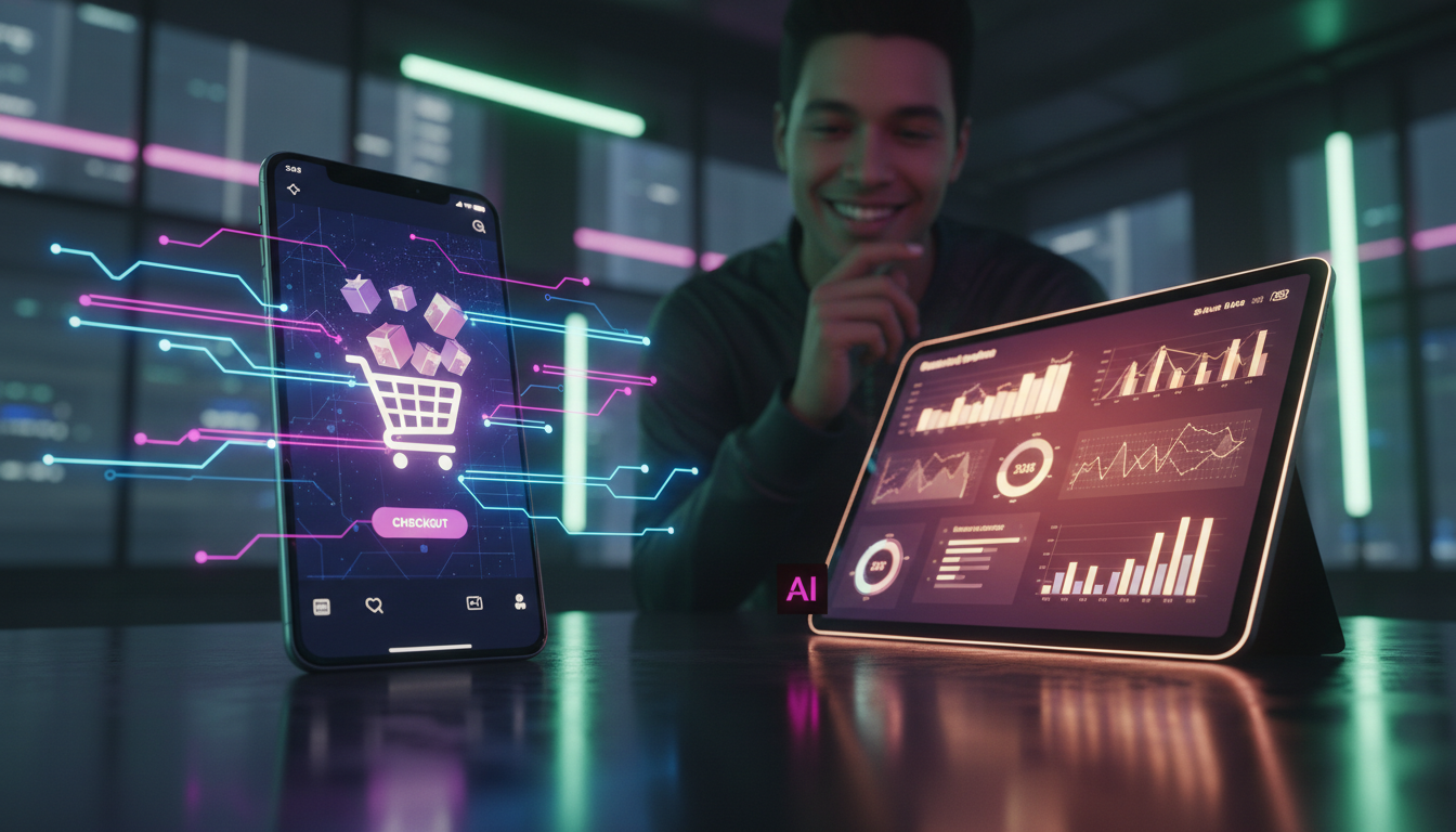 Inovações em Instagram Commerce que mudarão o Marketing em 2026 — Fotografia de um estúdio de design moderno e minimalista. Em uma mesa, um smartphone exibe a interface do Instagram com um carrinho de