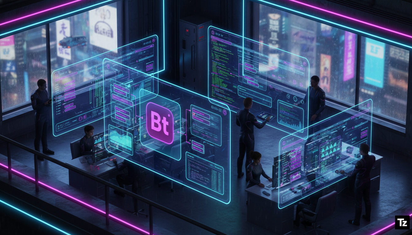 Instagram API automação descomplicado: guia visual e prático — Visão isométrica de um escritório moderno com várias telas mostrando painéis de controle da API do Instagram e da Toolzz Bots. Funcionári