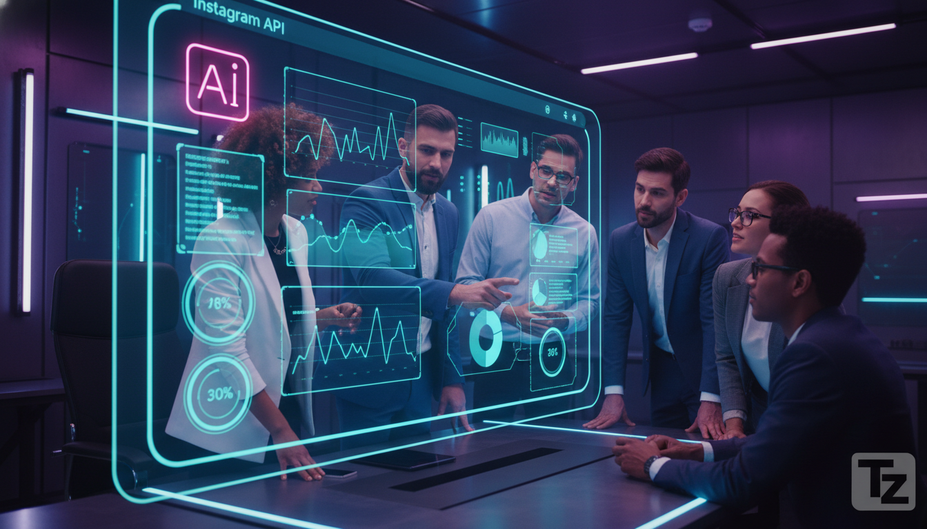 Instagram API e o futuro do trabalho — Um escritório moderno e iluminado, onde uma equipe diversificada está reunida em torno de uma grande tela interativa. A tela mostra um painel de controle da API 