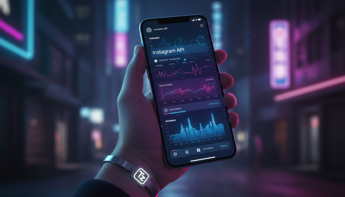 Instagram API: o que é, como funciona e por que importa — Close-up de um smartphone mostrando uma tela de API do Instagram em funcionamento. A interface exibe dados em tempo real, como número de segui