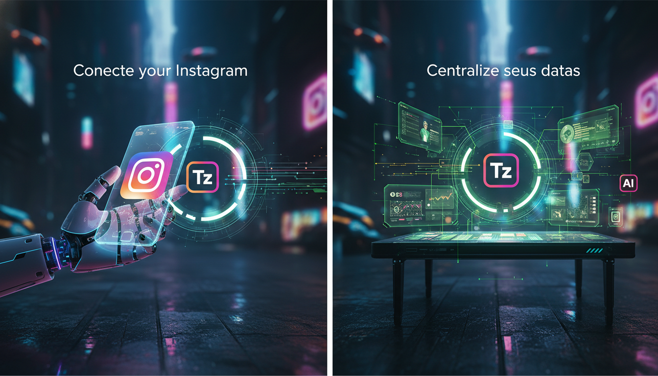 Instagram API: o que é, como funciona e por que importa — Diagrama visual mostrando a conexão entre o Instagram, a API do Instagram e um sistema de CRM de uma empresa. Setas indicam o fluxo de dados e