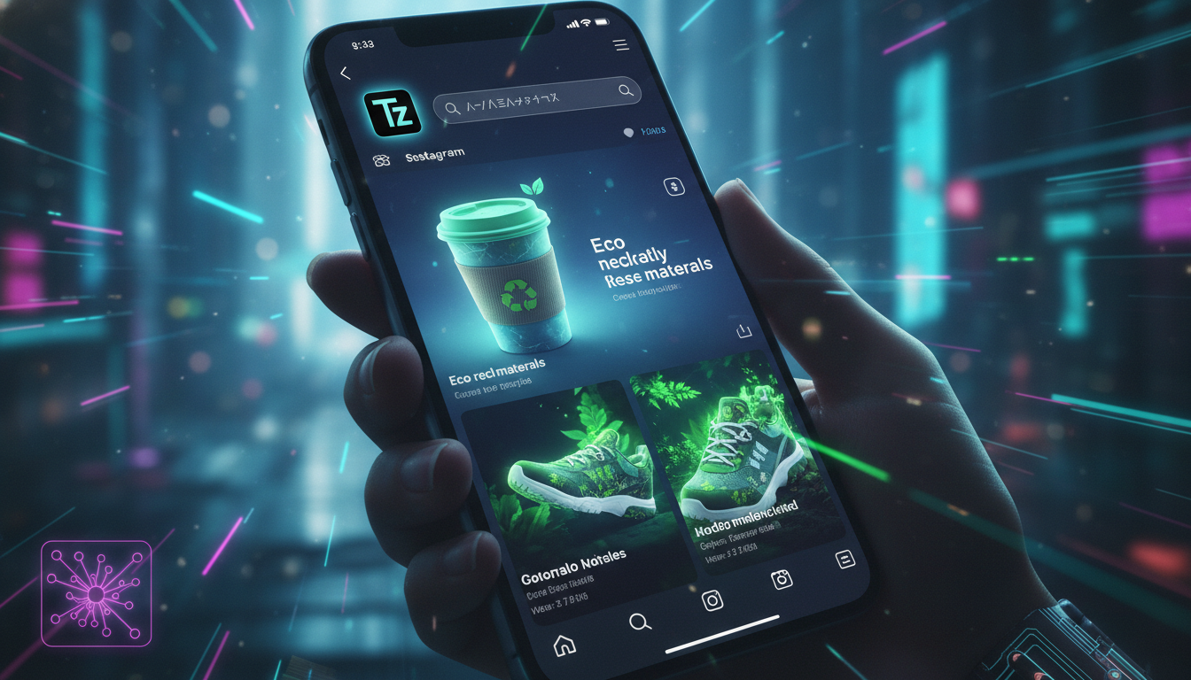 Instagram commerce e sustentabilidade: conexões importantes — Uma tela de smartphone mostrando um feed do Instagram com anúncios personalizados de produtos ecológicos. A Inteligência Artificial é repr