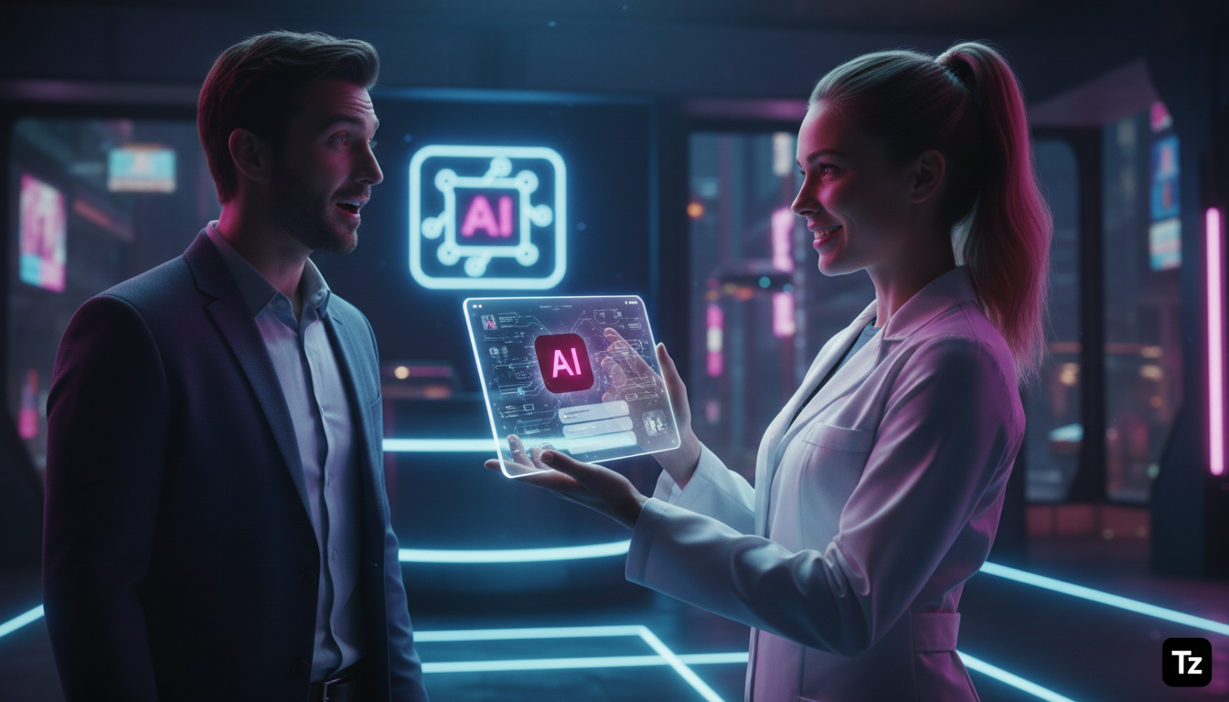 Instagram Commerce IA explicado: do básico ao essencial — Uma recepcionista de jaleco branco usando um tablet para interagir com um paciente que acabou de chegar. O tablet exibe um chatbot de IA da To