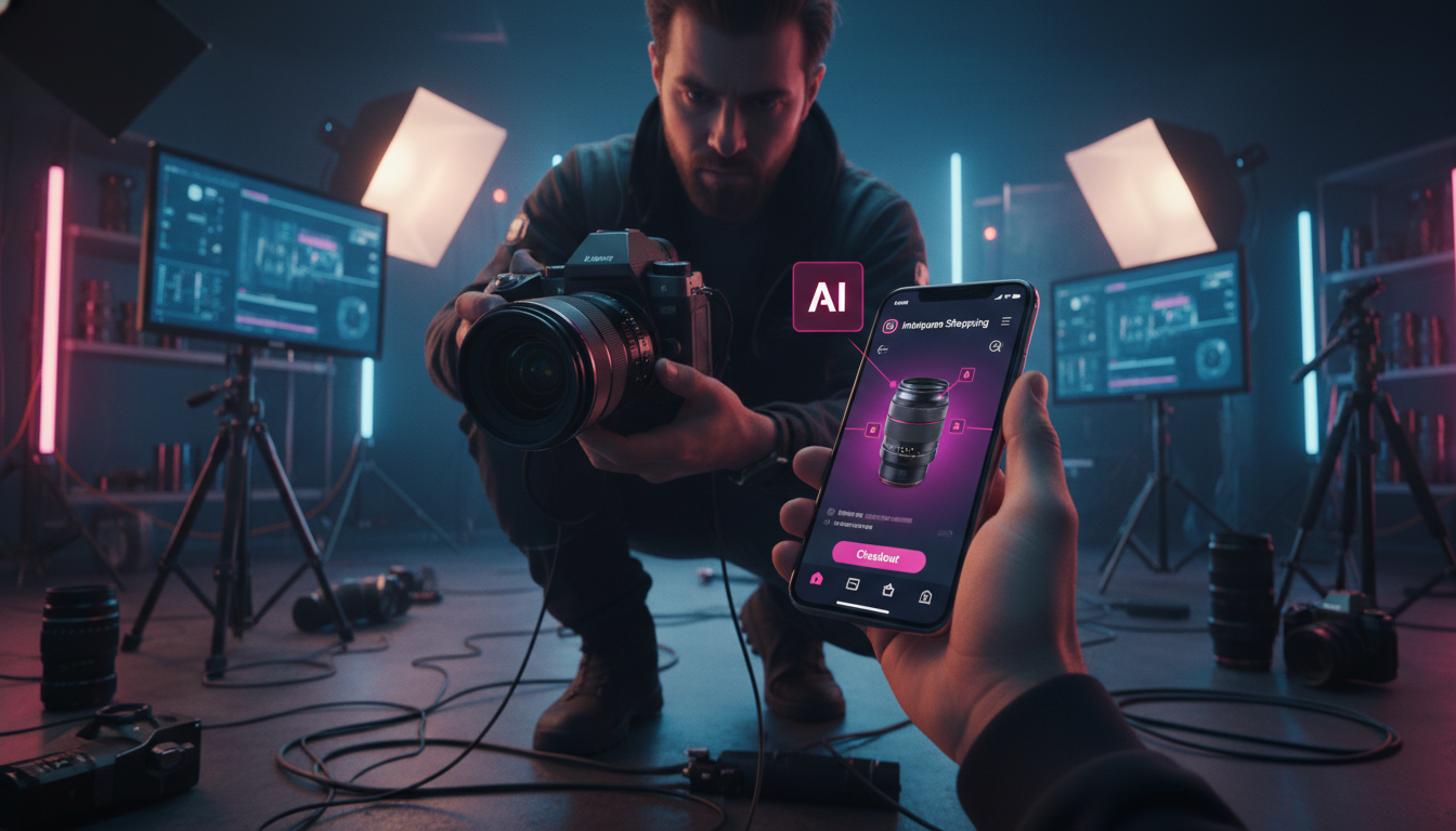 Instagram Commerce IA no Brasil: cenário, tendências e perspectivas — Fotógrafo profissional ajustando as configurações de sua câmera enquanto usa o Instagram Shopping em seu smartphone para marcar se