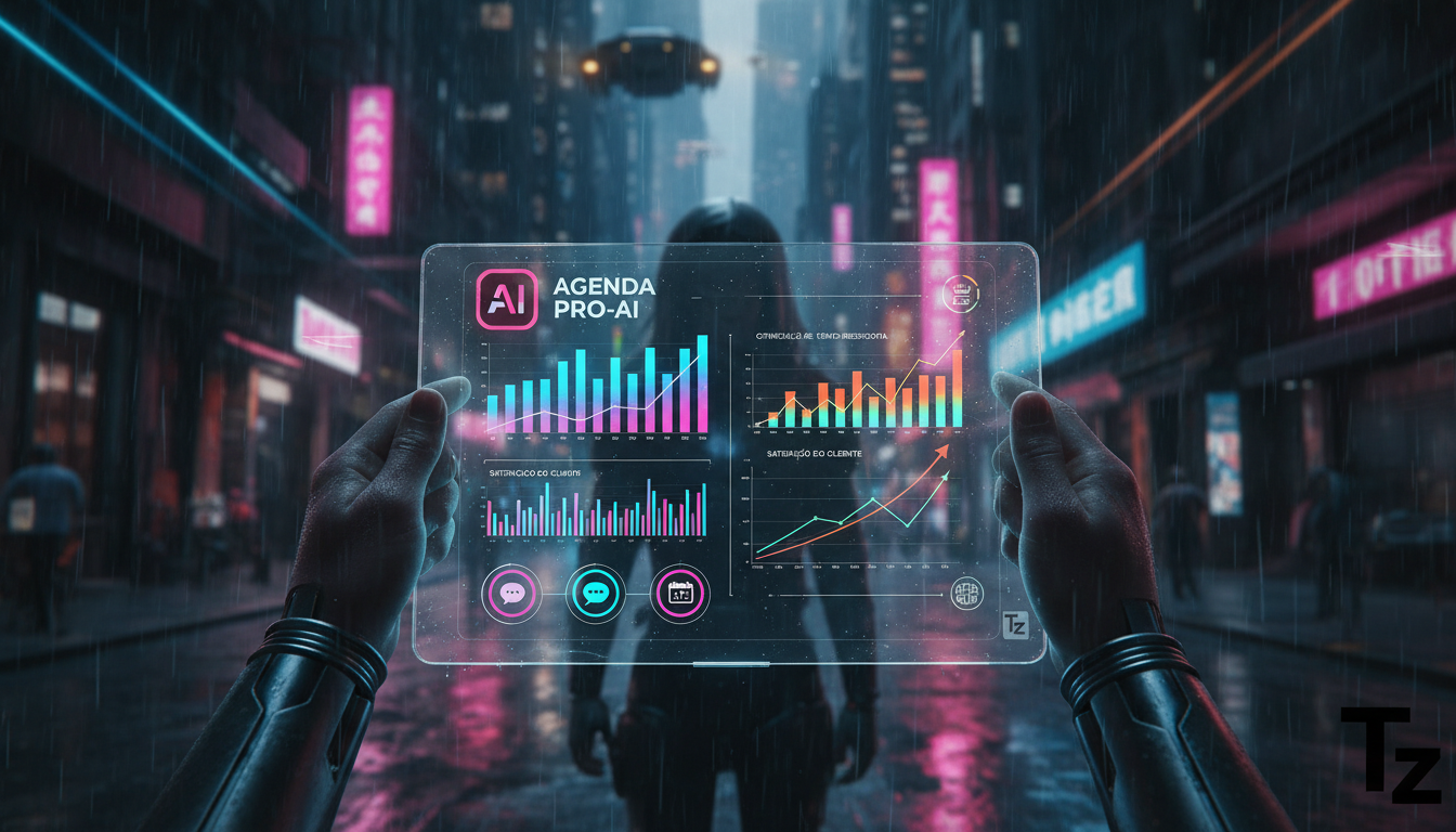 Instagram Commerce IA resolve agendamento de clientes definitivamente — Um close-up da tela de um tablet mostrando um painel de controle de agendamento de IA da Toolzz. O painel exibe gráficos de barr