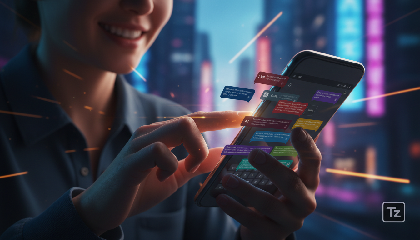 Instagram: pesquisa revela dados surpreendentes sobre IA — Uma pessoa sorrindo e digitando rapidamente em um smartphone. No reflexo da tela do celular, aparece um chatbot respondendo instantaneamente 