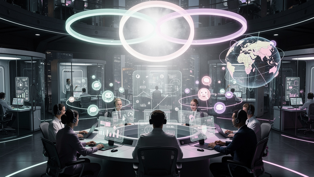 Integração Chatbot, IA e Atendimento Humano global: o que o mundo está fazendo — Um diagrama de Venn em tons pastel mostrando a interseção entre 'Chatbots', 'Inteligência Artificial' e 'Atendimento Hu