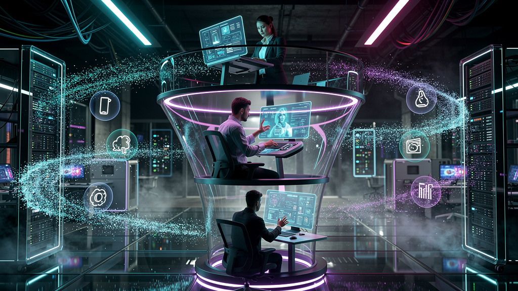 Integração com CRM e Educação Corporativa: Guia Completo — Ilustração isométrica de um funil de vendas estilizado. Em cada etapa do funil (consciência, consideração, decisão), um personagem de desenho