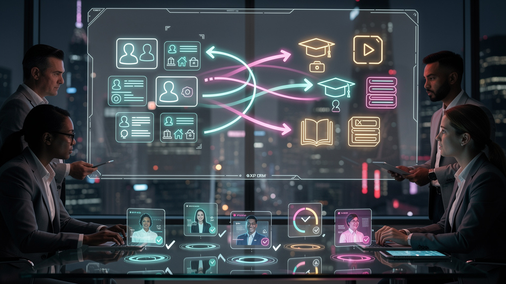 Integração com CRM e Educação Corporativa: Guia Completo — Um diagrama de fluxo que ilustra a integração entre um sistema CRM (com o logo de um CRM popular) e a plataforma Toolzz LXP. As setas mostram