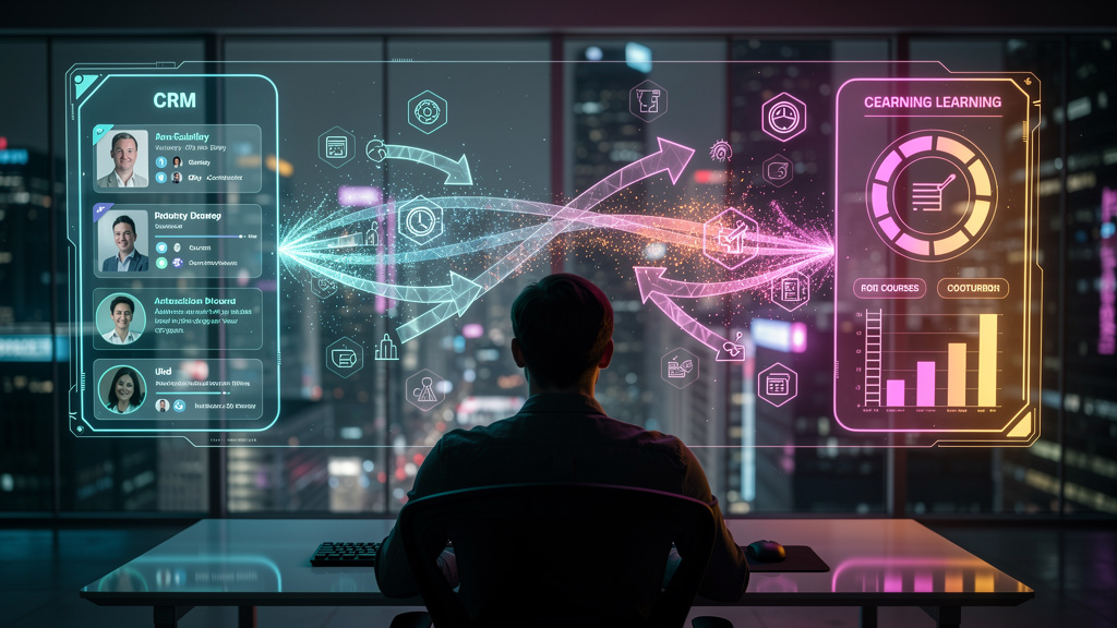 Integração com CRM e Educação Corporativa: Guia Completo — Um fluxograma dinâmico mostrando a integração entre um sistema CRM (à esquerda) e uma plataforma de educação corporativa (à direita). Setas b