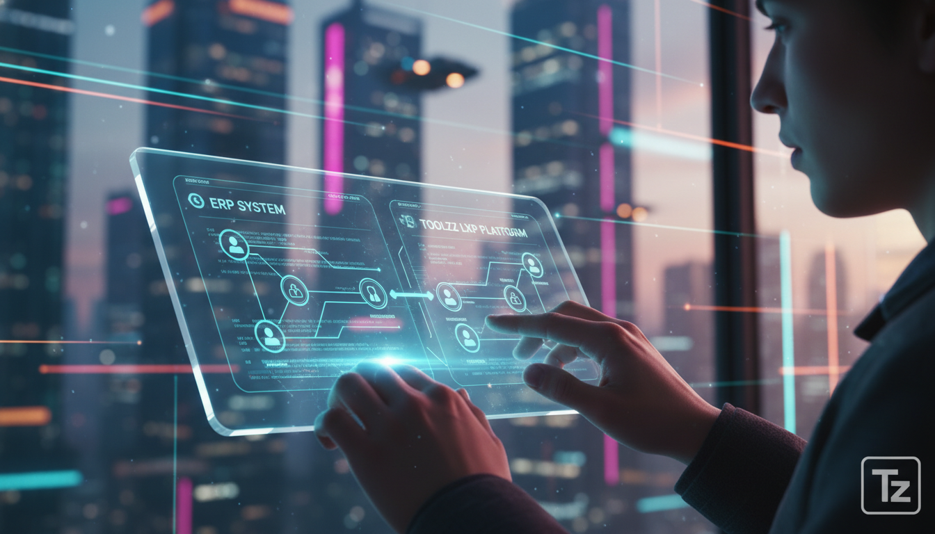 Integração com ERP: O Guia Completo para EAD — Um close-up das mãos de um analista de RH digitando em um tablet, com uma interface mostrando dados sincronizados em tempo real entre um sistema ERP (à e